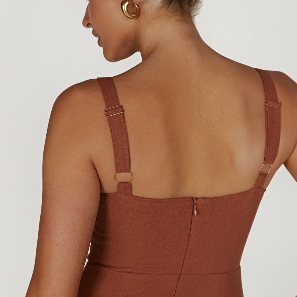 MESHKI Cut Out O Ring Linen Midi Dress - Brown - Picture 2 of 5